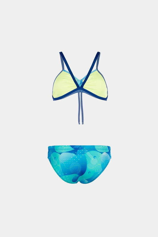 Women's strappy bikini in yellow-green with blue, front flatlay view – Bikini Uni
