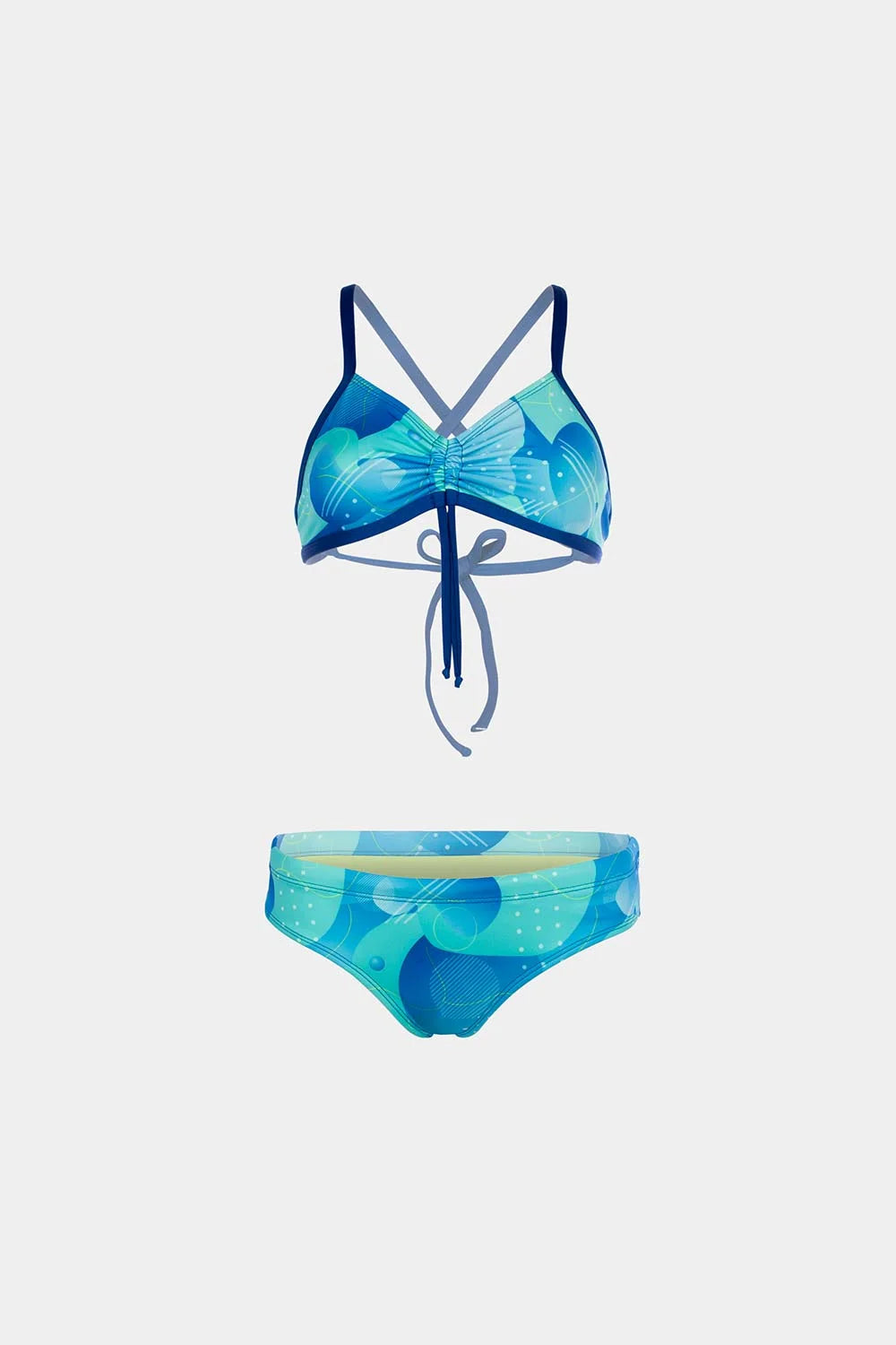 Women's crisscross bikini in bubble wave blue, front flatlay – Bikini Uni