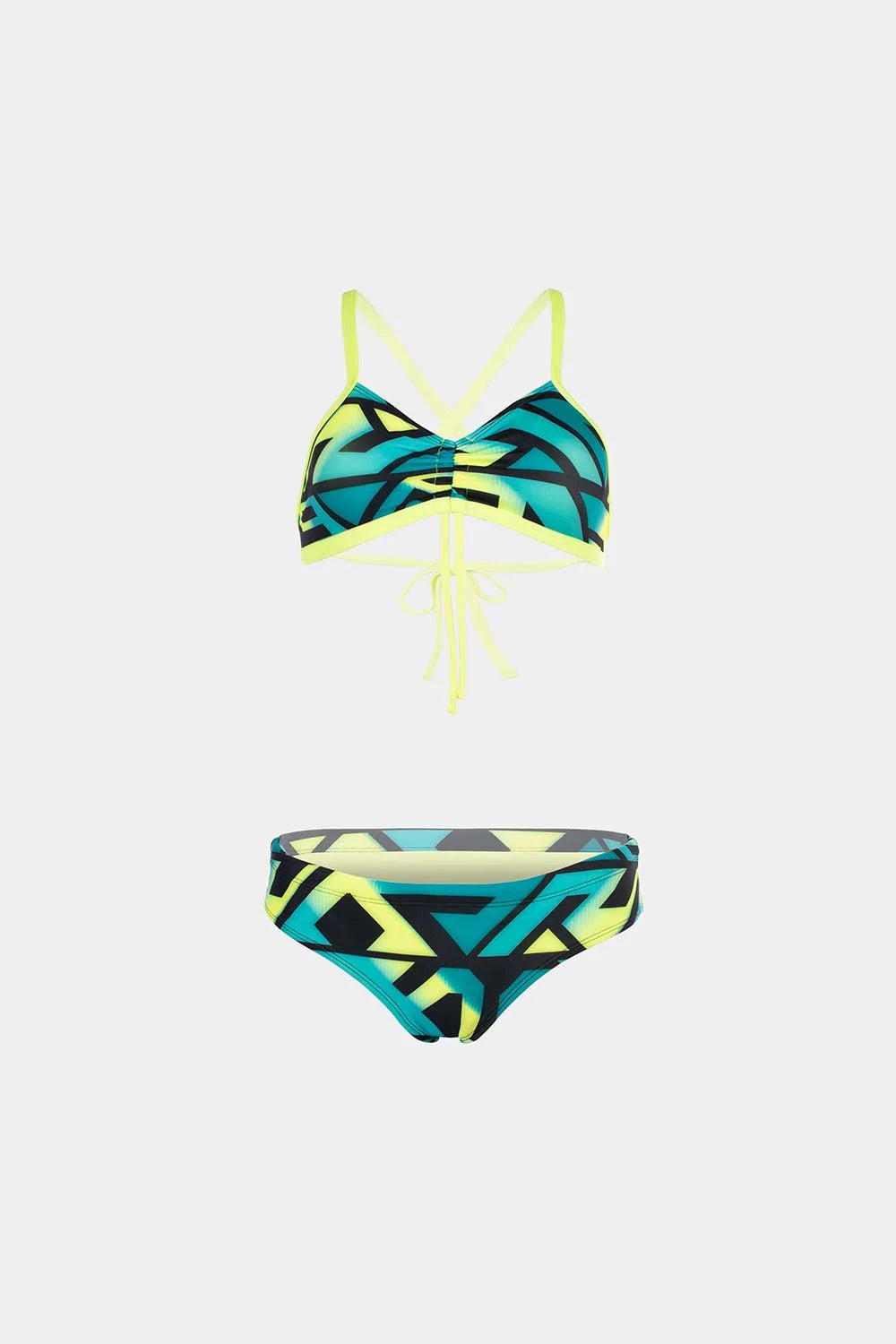 Women's crisscross bikini in geometric neon print, front flatlay – Bikini Uni