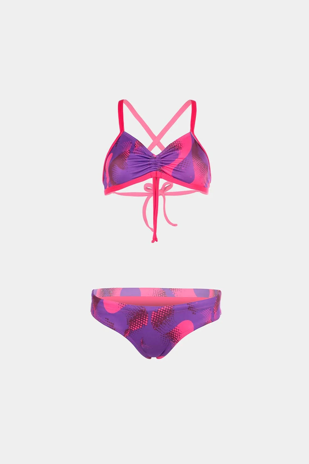 Women's crisscross bikini in purple magnetika print, front flatlay – Bikini Uni