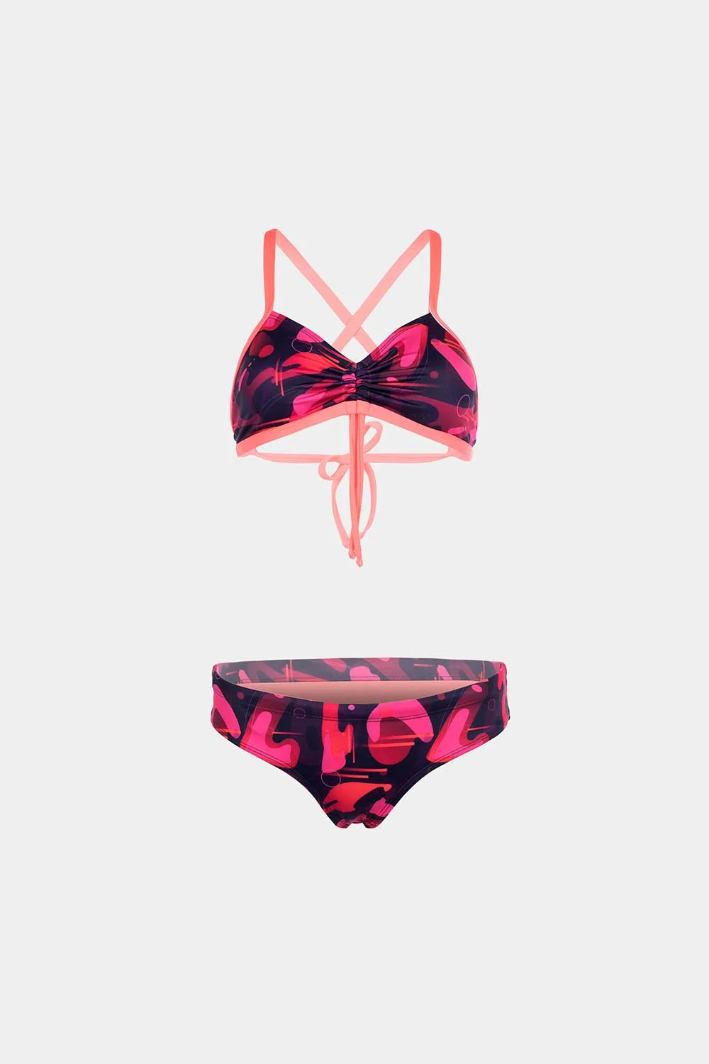 Women's crisscross bikini in pink splash print, front flatlay – Bikini Uni