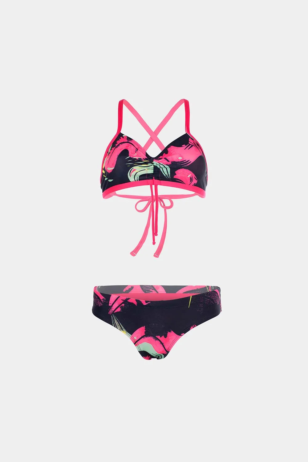 Women's crisscross bikini in pink magnetika print, front flatlay – Bikini Uni