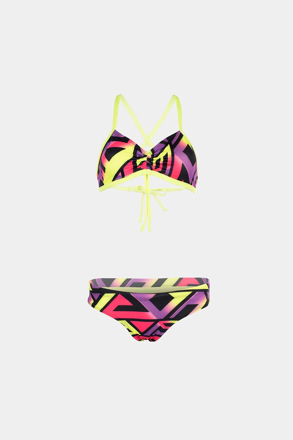 Women's crisscross bikini in geometric purple print, front flatlay – Bikini Uni
