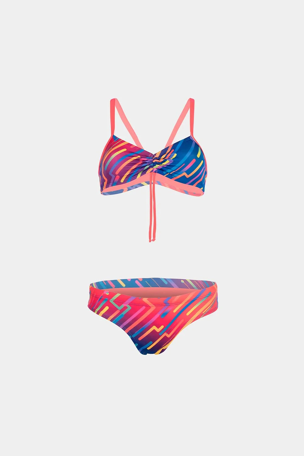 Women's sport bikini in multicolor neon geometric print, front flatlay – Bikini Uni