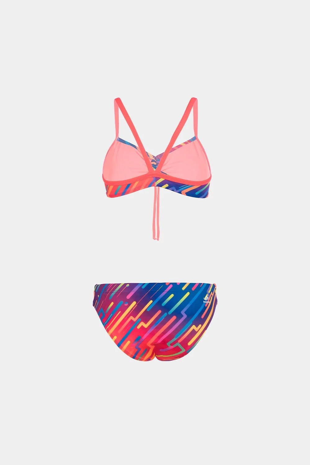 Women's sport bikini in pink with neon geometric bottom, front flatlay – Bikini Uni
