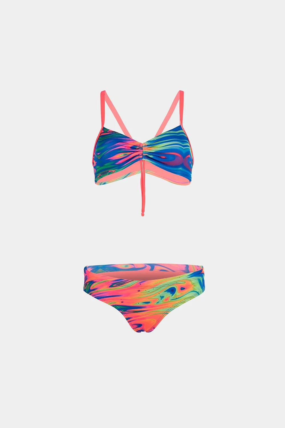 Women's sport bikini in blue neon swirl print, front flatlay view – Bikini Uni