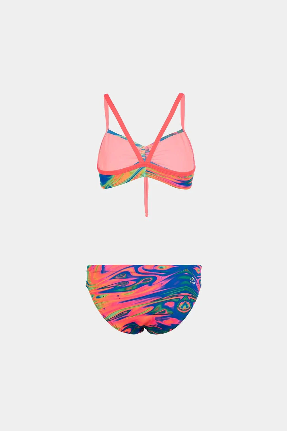Women's sport bikini in pink neon swirl print, front flatlay – Bikini Uni