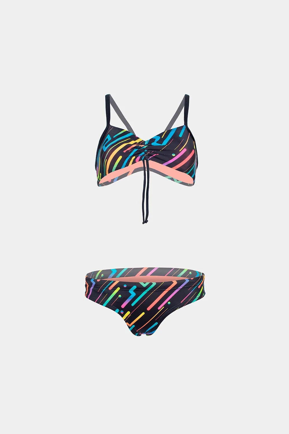 Women's sport bikini in dark neon line print, front flatlay – Bikini Uni