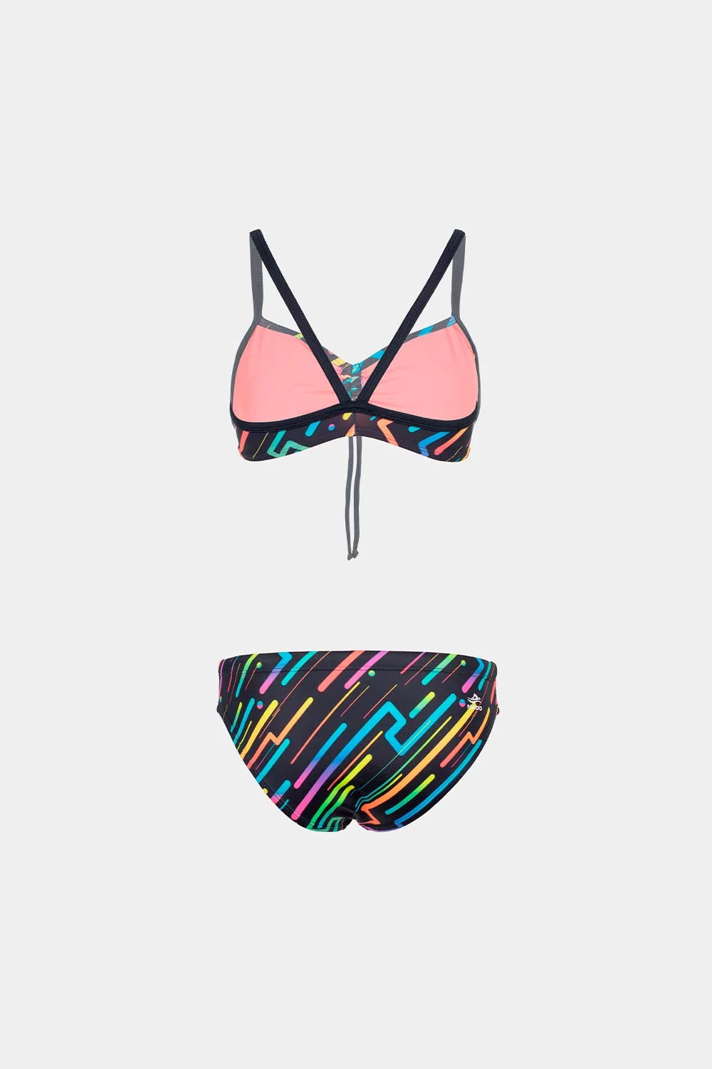 Women's sport bikini in black neon geometric print, front flatlay – Bikini Uni