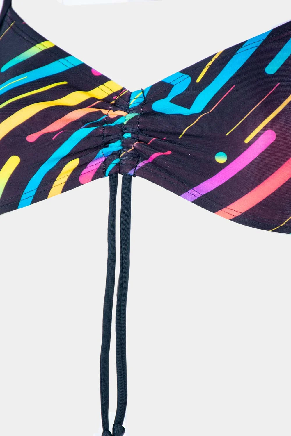 Women's sport bikini in black neon splatter print, top close-up – Bikini Uni