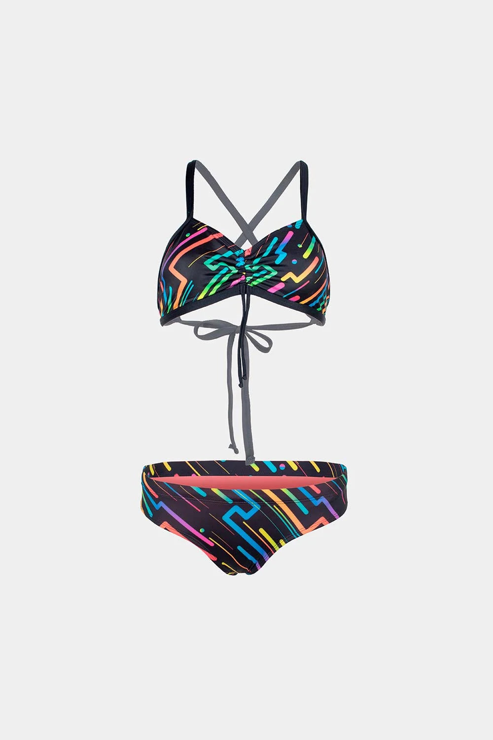 Women's crisscross bikini in neon geometric print, front flatlay – Bikini Uni