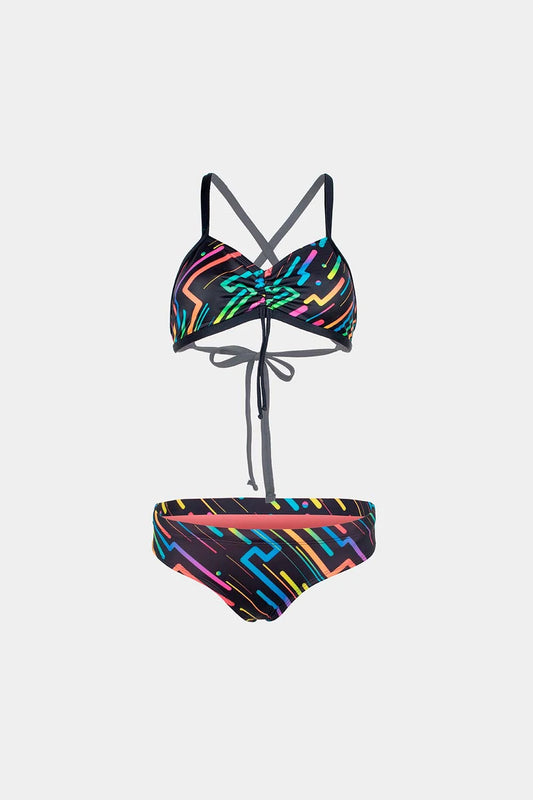 Women's crisscross bikini in neon geometric print, front flatlay – Bikini Uni