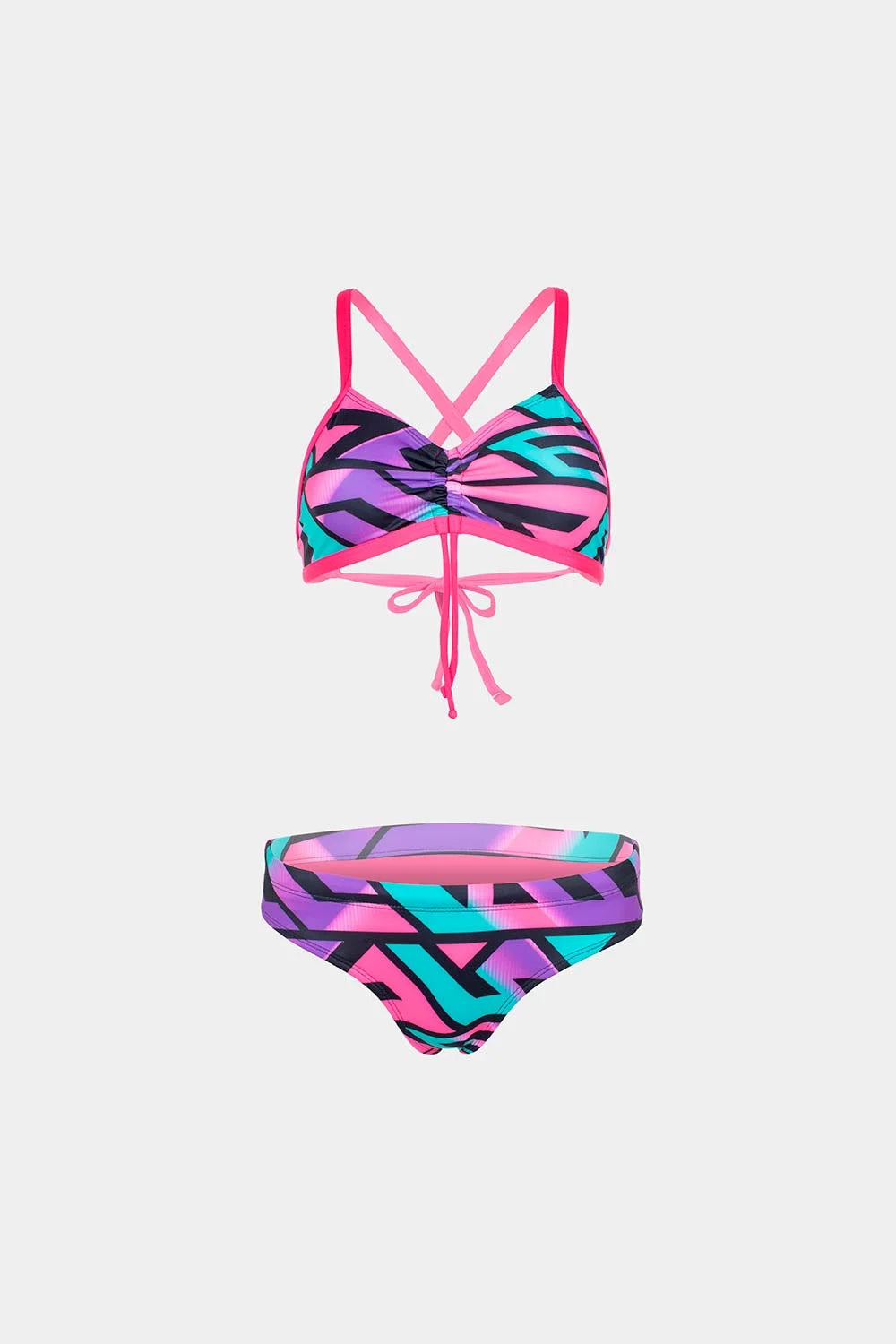 Women's crisscross bikini in geometric green, alternate front flatlay – Bikini Uni