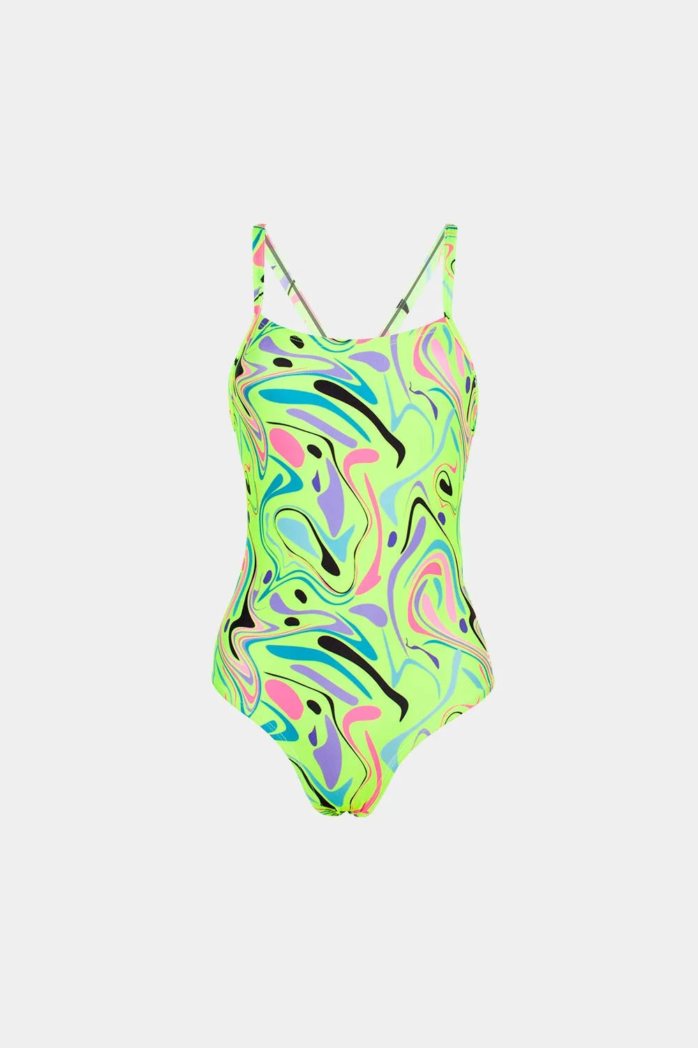 Women's neon print one-piece swimsuit in green swirl, front flatlay – Bikini Uni