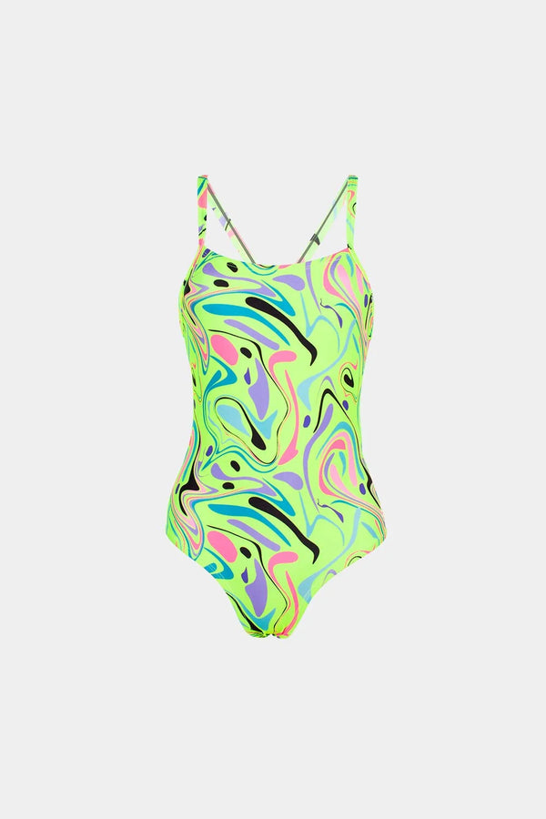 Women's neon print one-piece swimsuit in green swirl, front flatlay – Bikini Uni