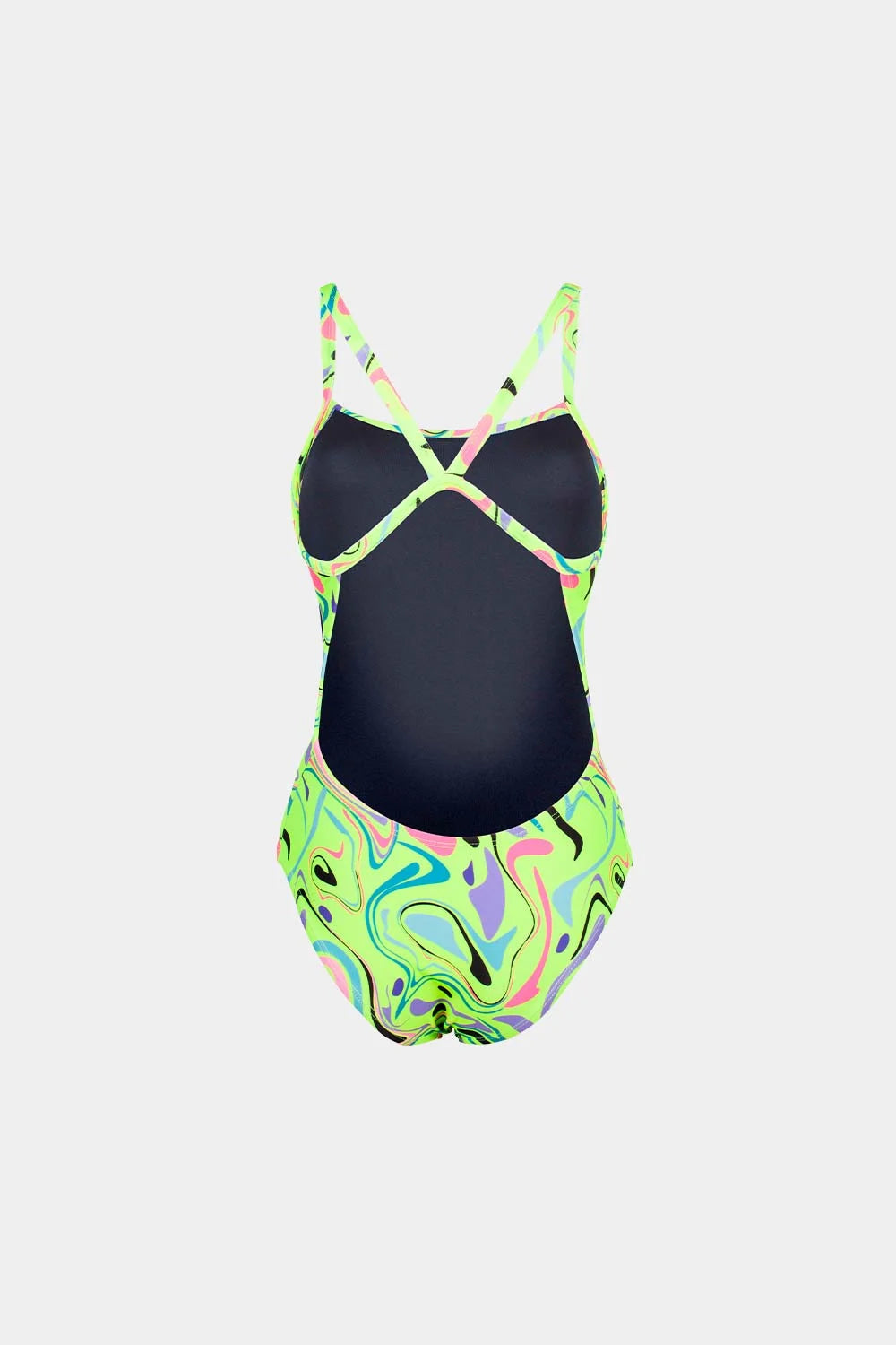 Women's neon print one-piece swimsuit in green swirl, back view – Bikini Uni
