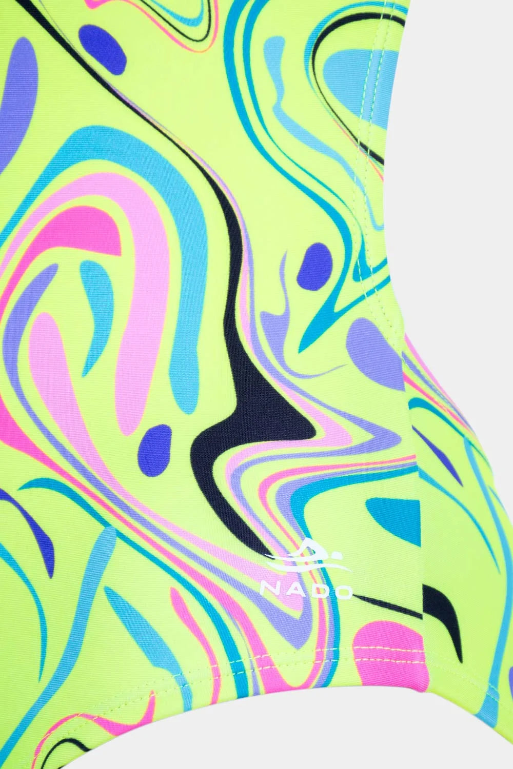 Women's neon print one-piece swimsuit in green swirl, fabric detail close-up – Bikini Uni
