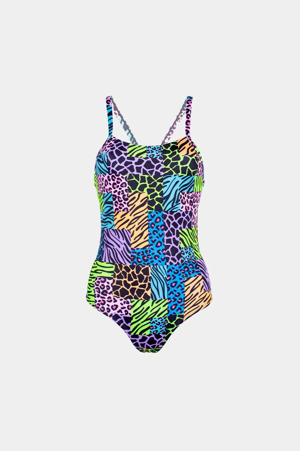 Women's printed one-piece swimsuit in multicolor animal patchwork, front flatlay – Bikini Uni