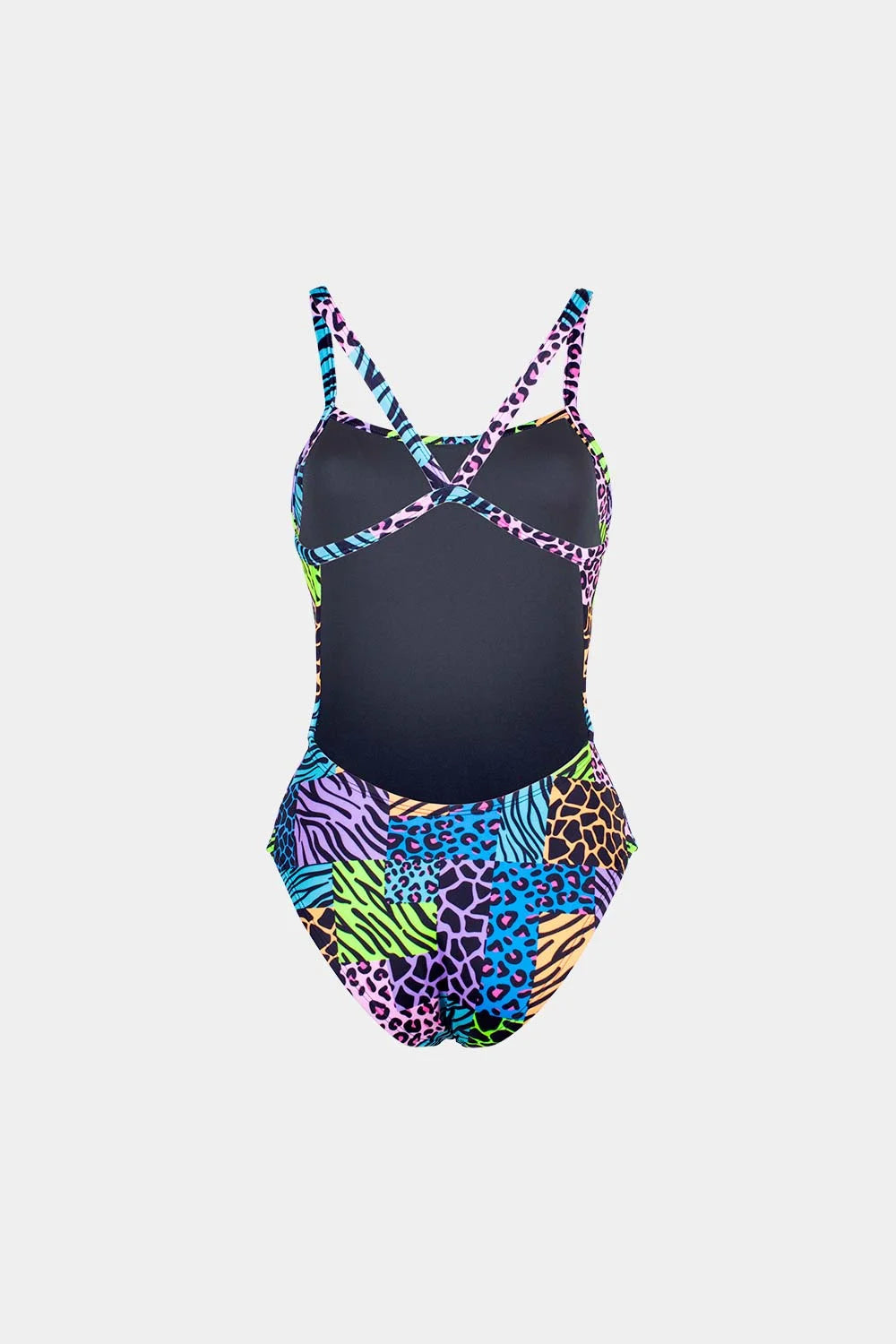 Women's printed one-piece swimsuit in multicolor animal patchwork, back view – Bikini Uni