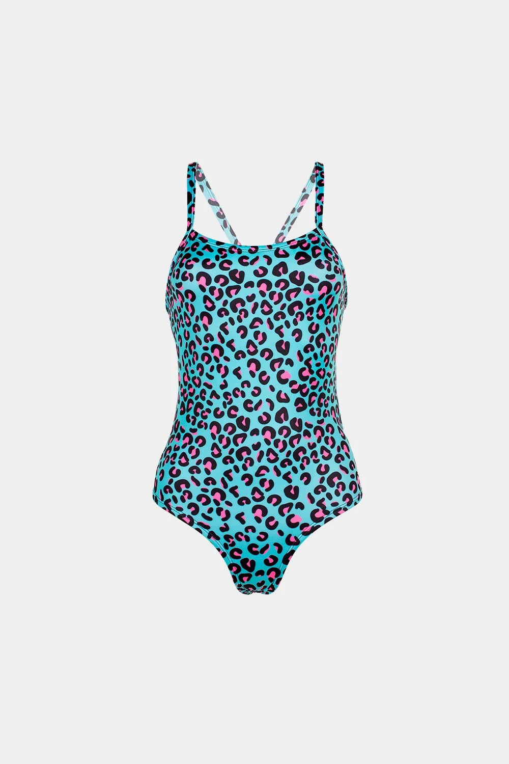 Women's printed one-piece swimsuit in blue leopard print, front flatlay – Bikini Uni