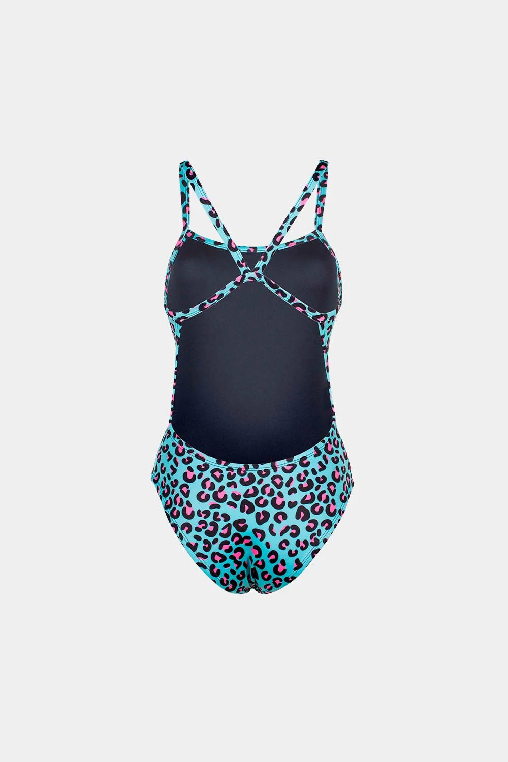Women's printed one-piece swimsuit in blue leopard print, back view – Bikini Uni
