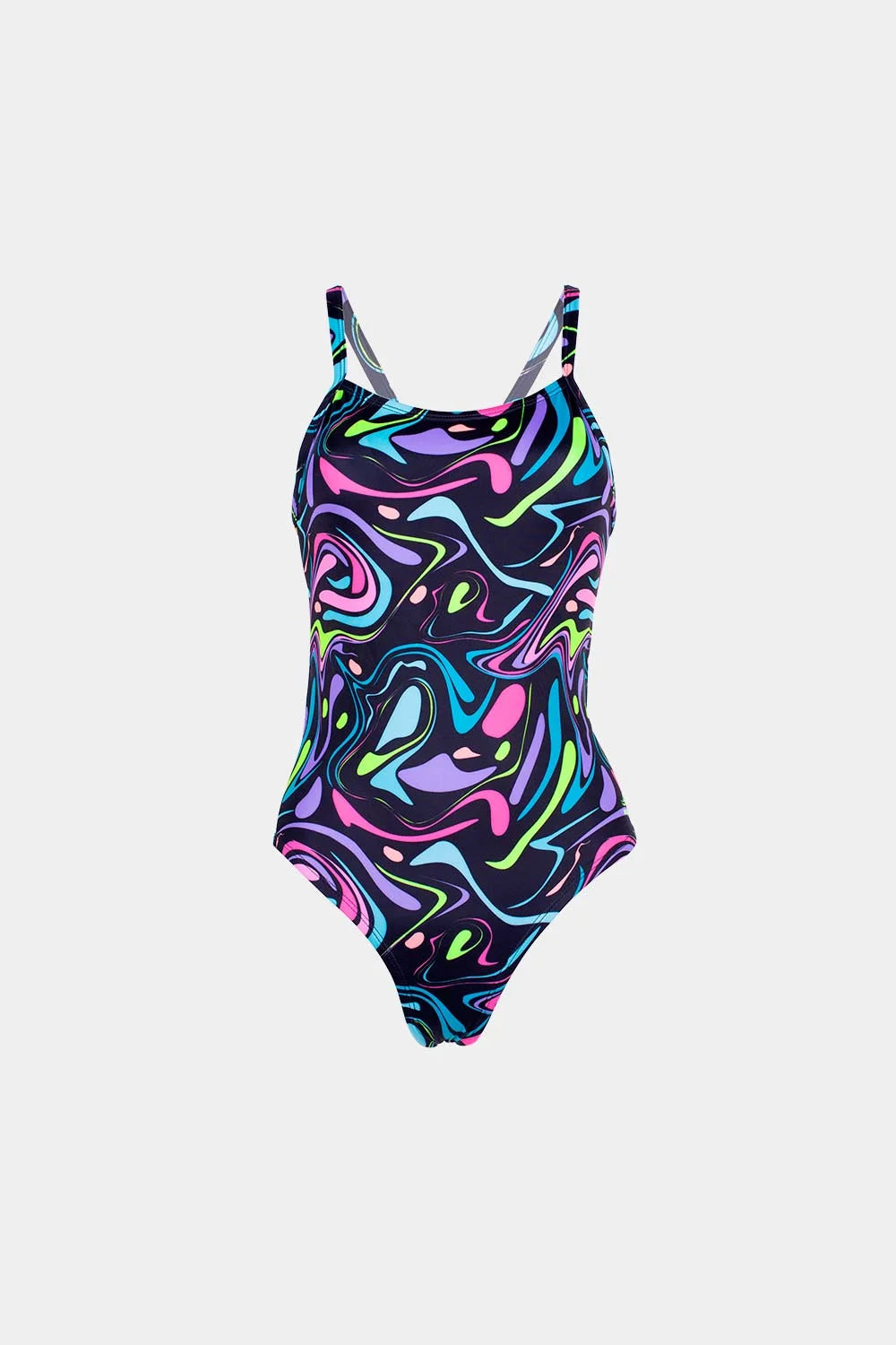 Women's neon print one-piece swimsuit in dark neon swirl, front flatlay – Bikini Uni
