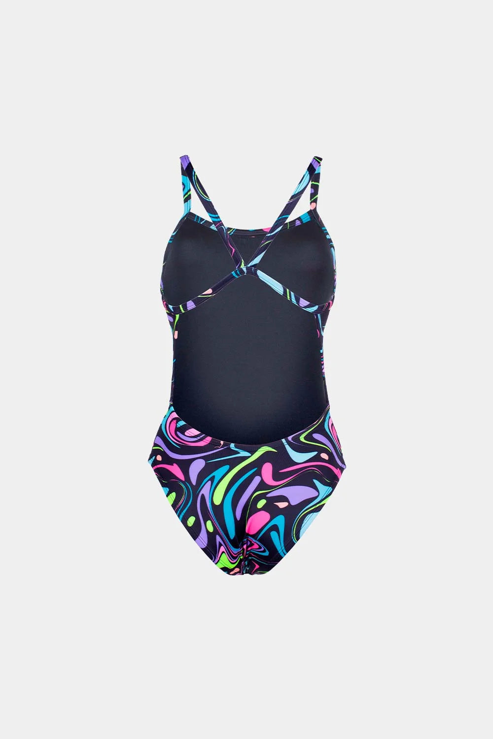 Women's neon print one-piece swimsuit in dark neon swirl, back view – Bikini Uni