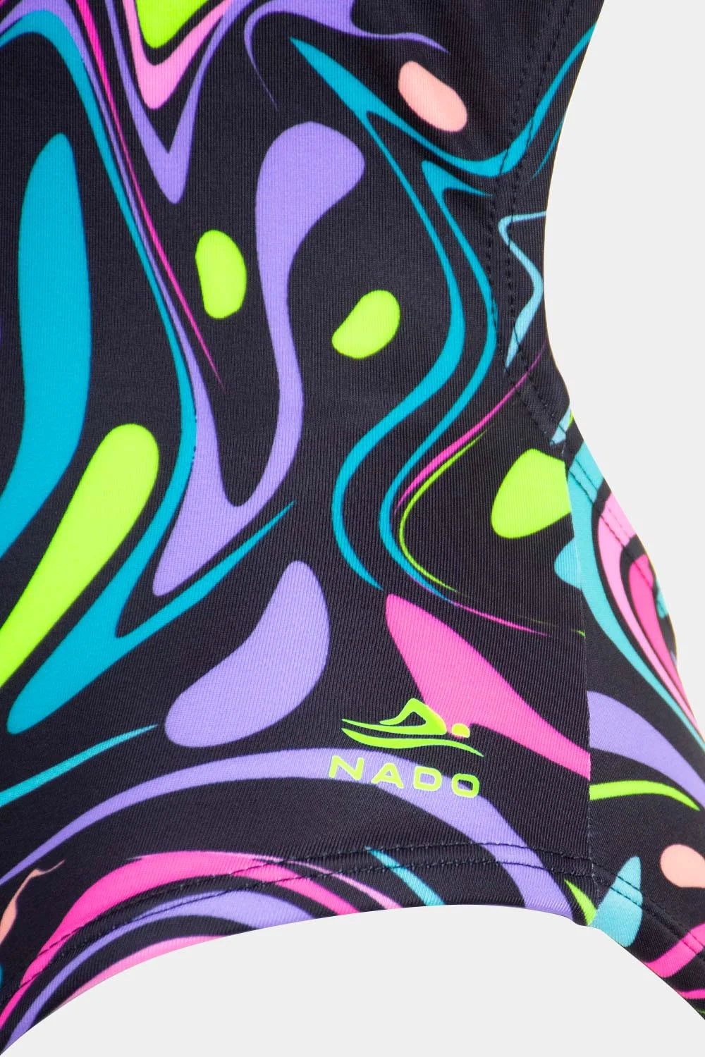 Women's neon print one-piece swimsuit in dark neon swirl, fabric detail close-up – Bikini Uni
