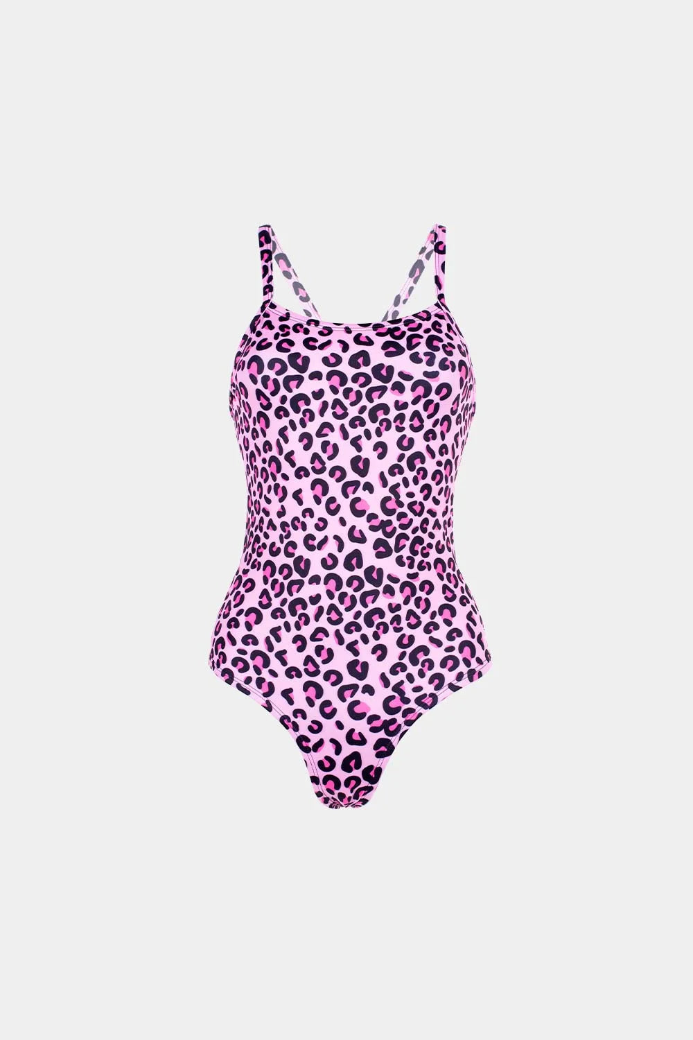 Women's printed one-piece swimsuit in purple leopard print, front flatlay – Bikini Uni