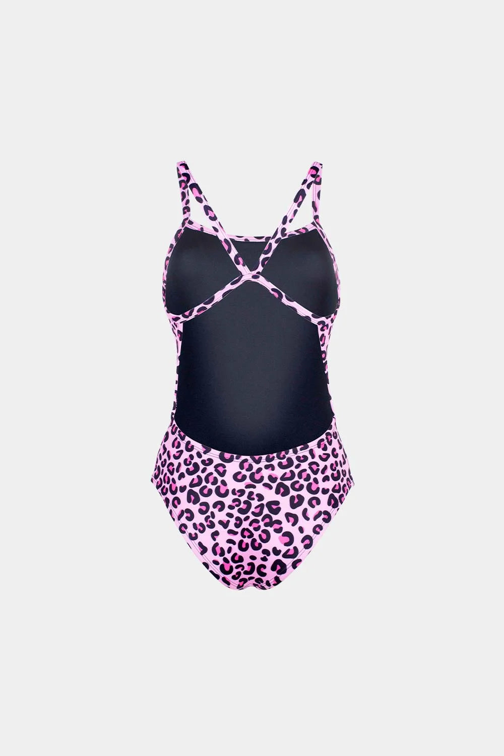 Women's printed one-piece swimsuit in purple leopard print, back view – Bikini Uni