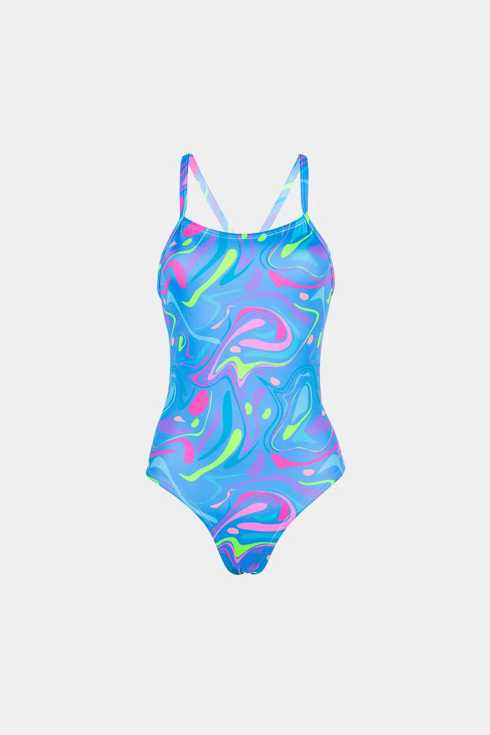 Women's neon print one-piece swimsuit in blue purple swirl, front flatlay – Bikini Uni