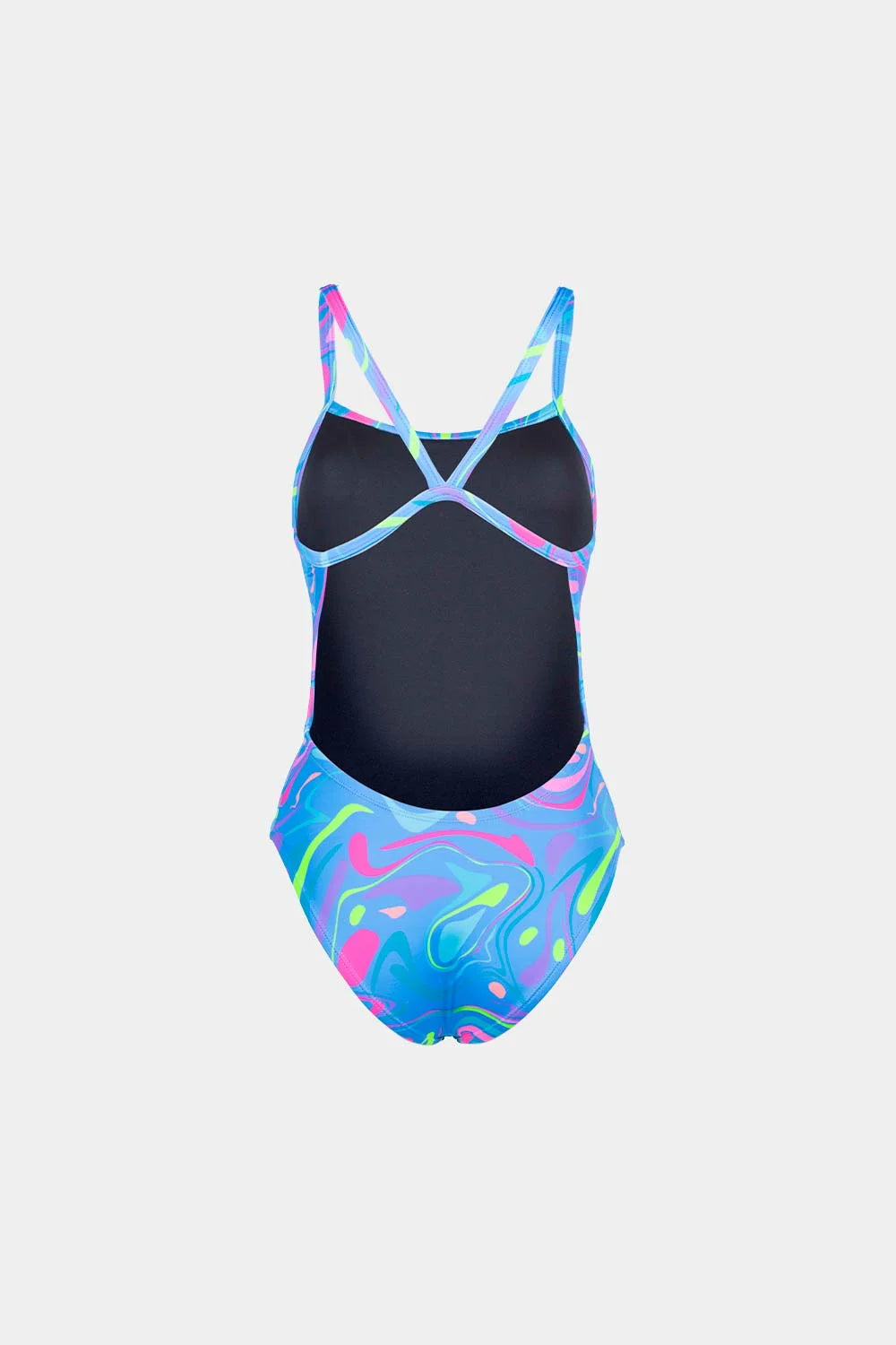 Women's neon print one-piece swimsuit in blue purple swirl, back view – Bikini Uni