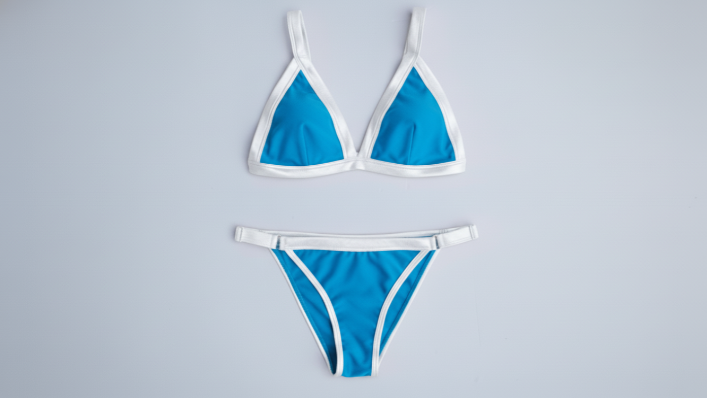 Ameri-Cali bikini in blue and white, front flatlay view – Bikini Uni