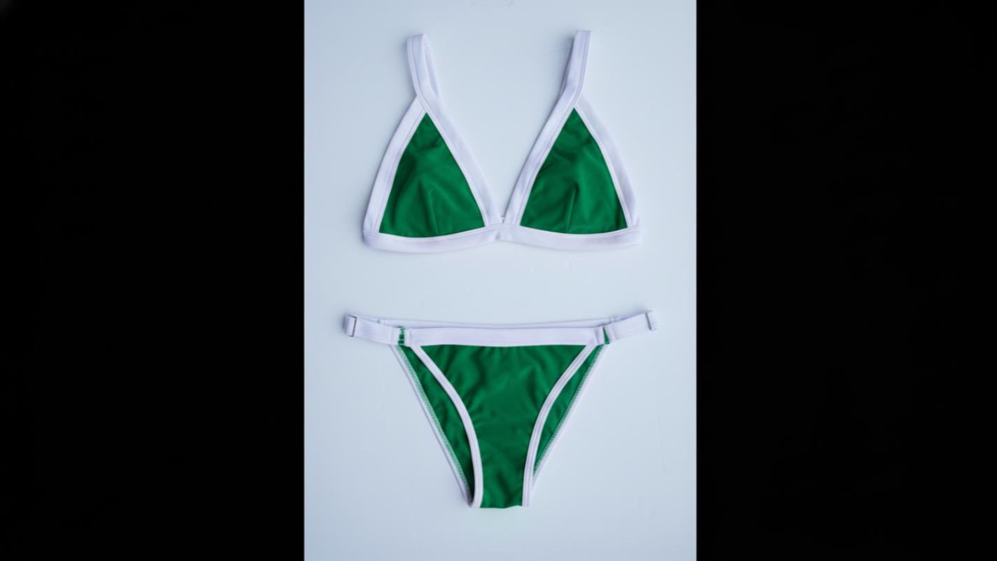 Ameri-Cali bikini in green and white, front flatlay view – Bikini Uni