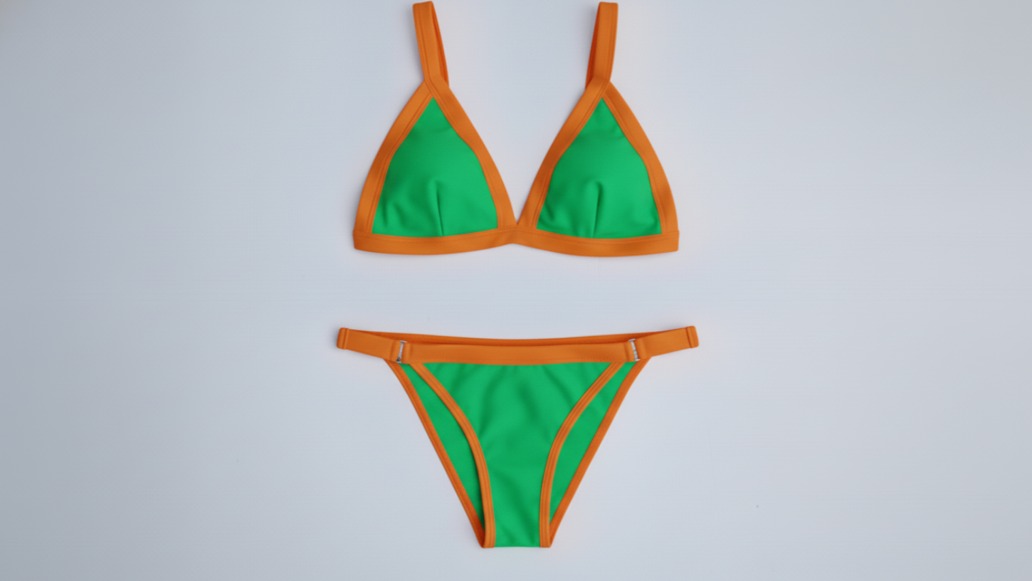 Ameri-Cali bikini in green with orange trim, front flatlay view – Bikini Uni