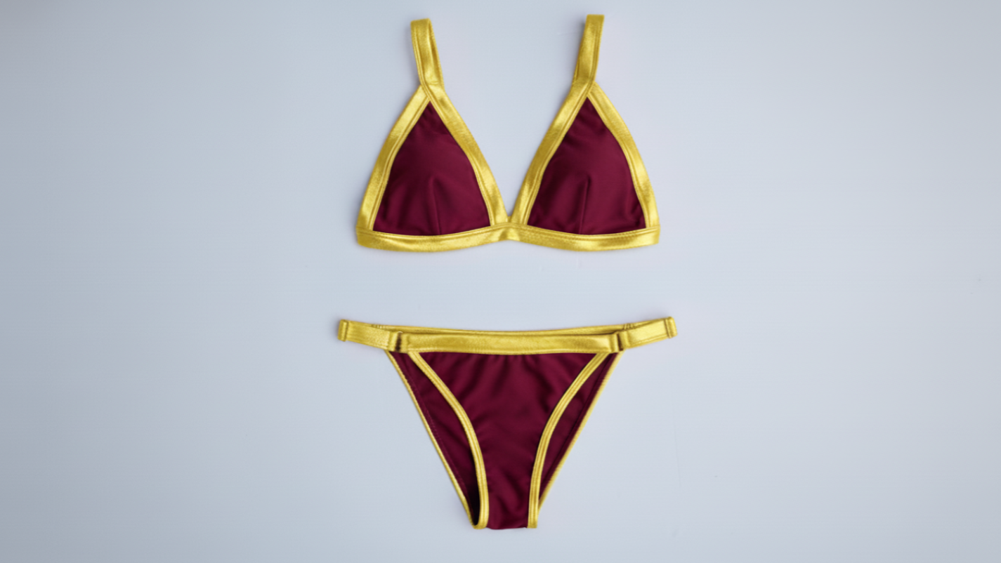 Ameri-Cali bikini in maroon with gold trim, front flatlay view – Bikini Uni