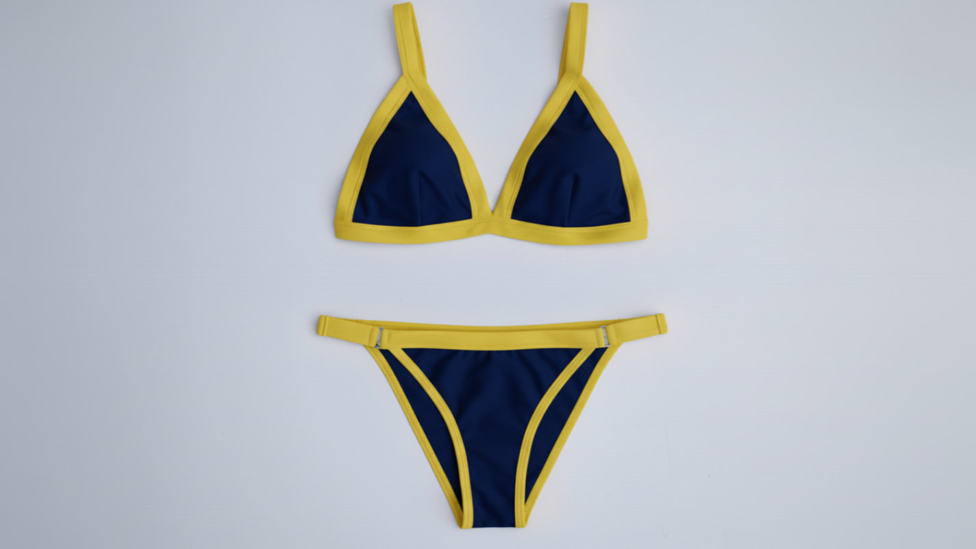 Ameri-Cali bikini in navy with gold trim, front flatlay view – Bikini Uni