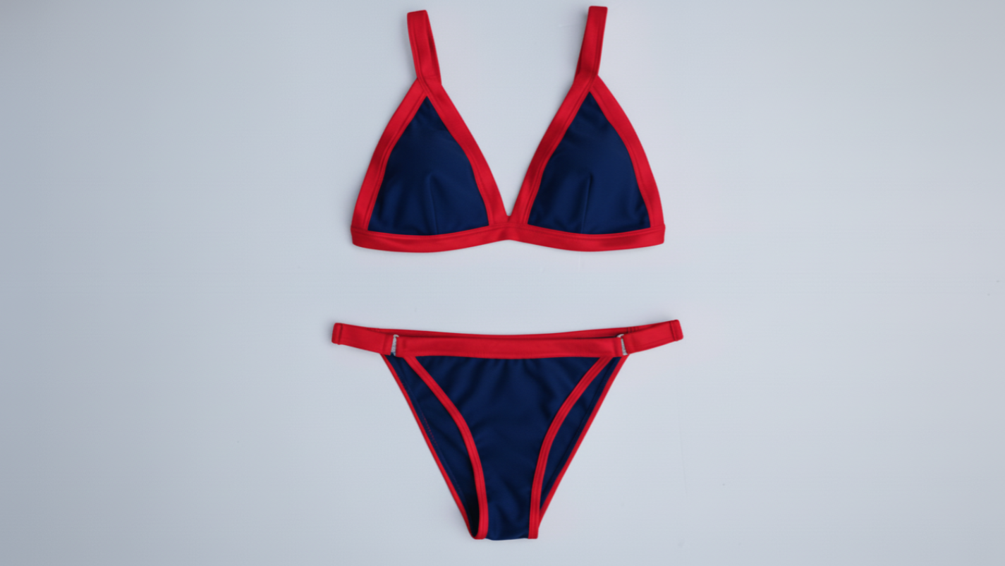 Ameri-Cali bikini in navy with red trim, front flatlay view – Bikini Uni
