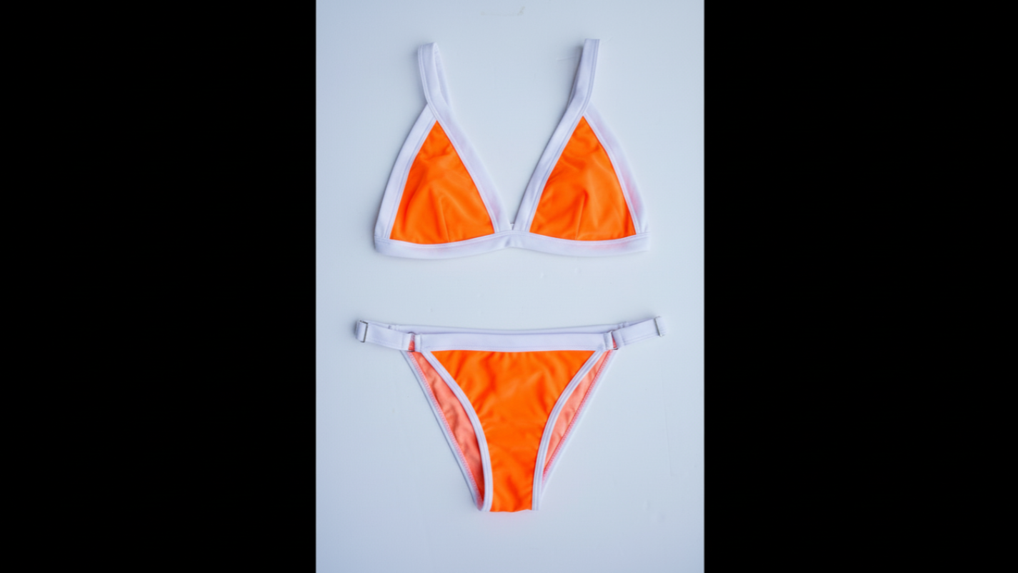 Ameri-Cali bikini in orange and white, front flatlay view – Bikini Uni