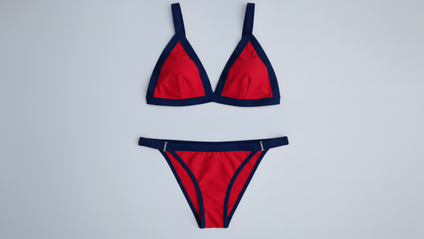 Ameri-Cali bikini in red with navy trim, front flatlay view – Bikini Uni