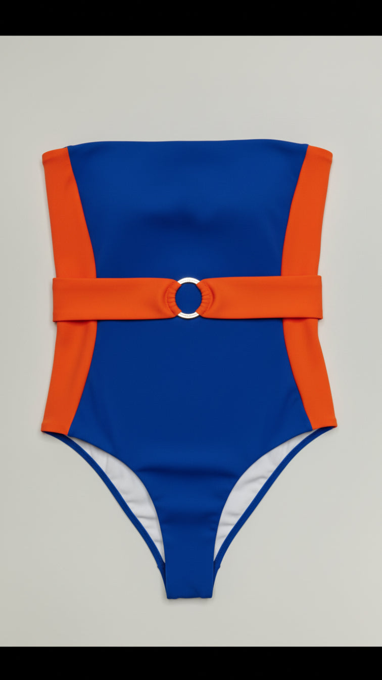 Bella Cintura two-piece bikini in blue with orange, front flatlay view – Bikini Uni