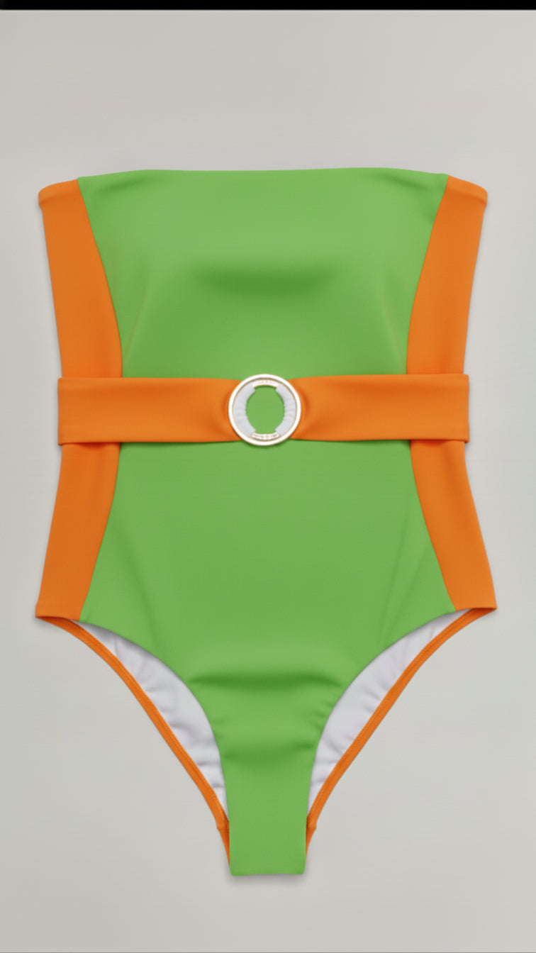 Bella Cintura two-piece bikini in green with orange, front flatlay view – Bikini Uni
