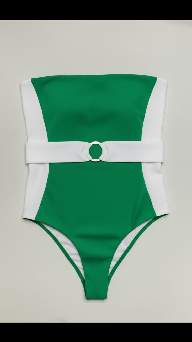 Bella Cintura two-piece bikini in green with white, front flatlay view – Bikini Uni