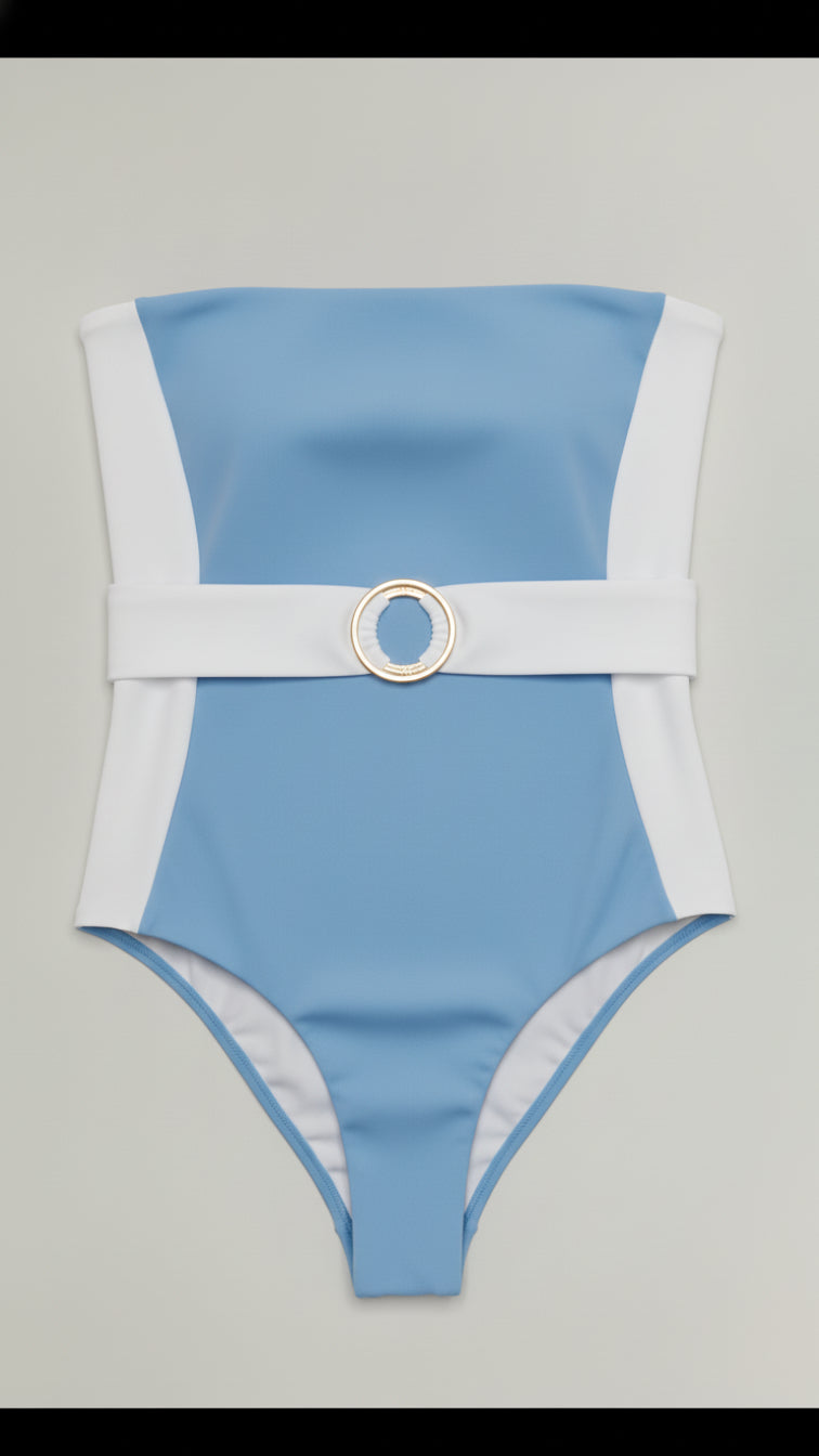 Bella Cintura two-piece bikini in light blue with white, front flatlay view – Bikini Uni