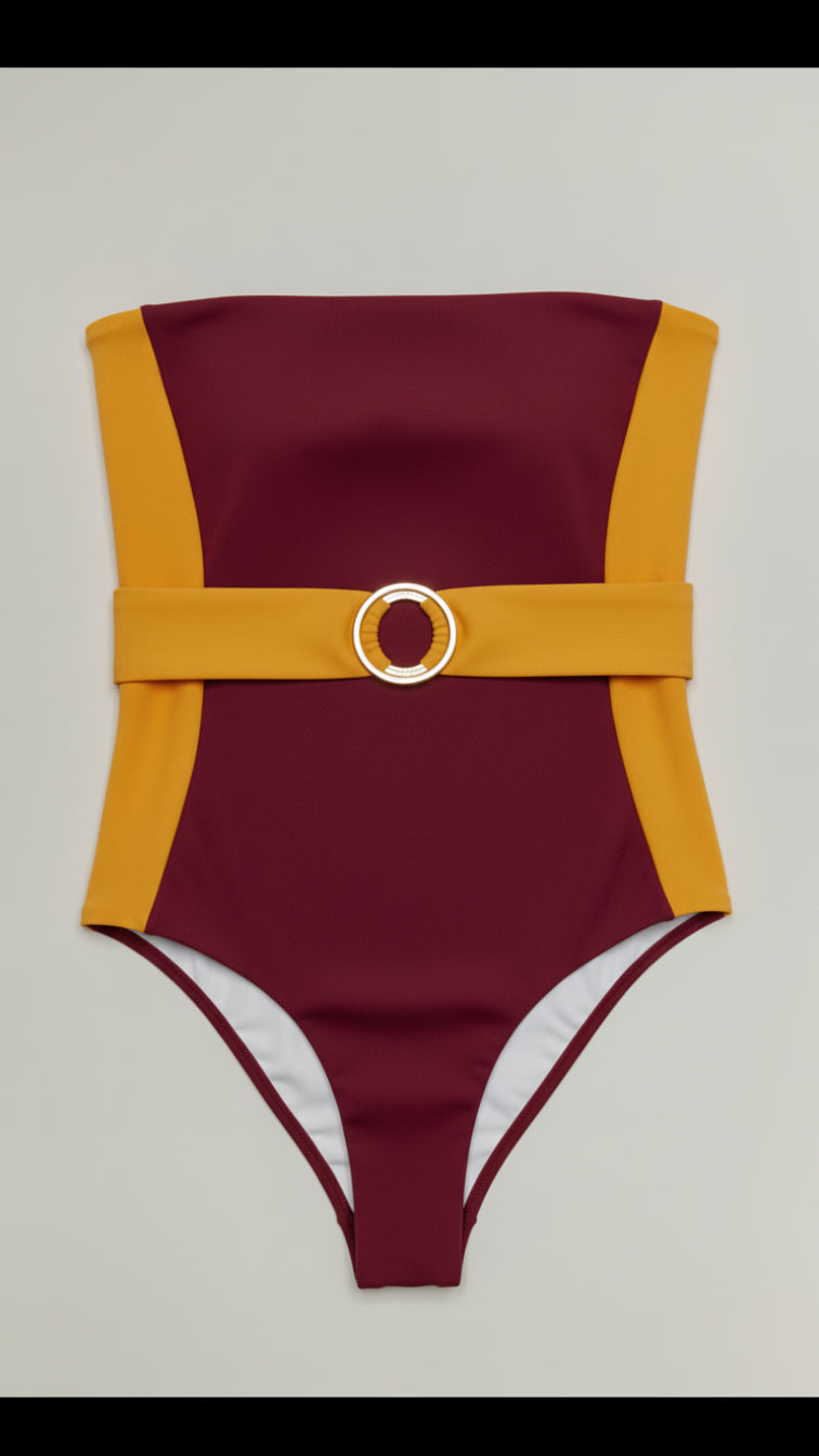 Bella Cintura two-piece bikini in maroon with gold, front flatlay view – Bikini Uni