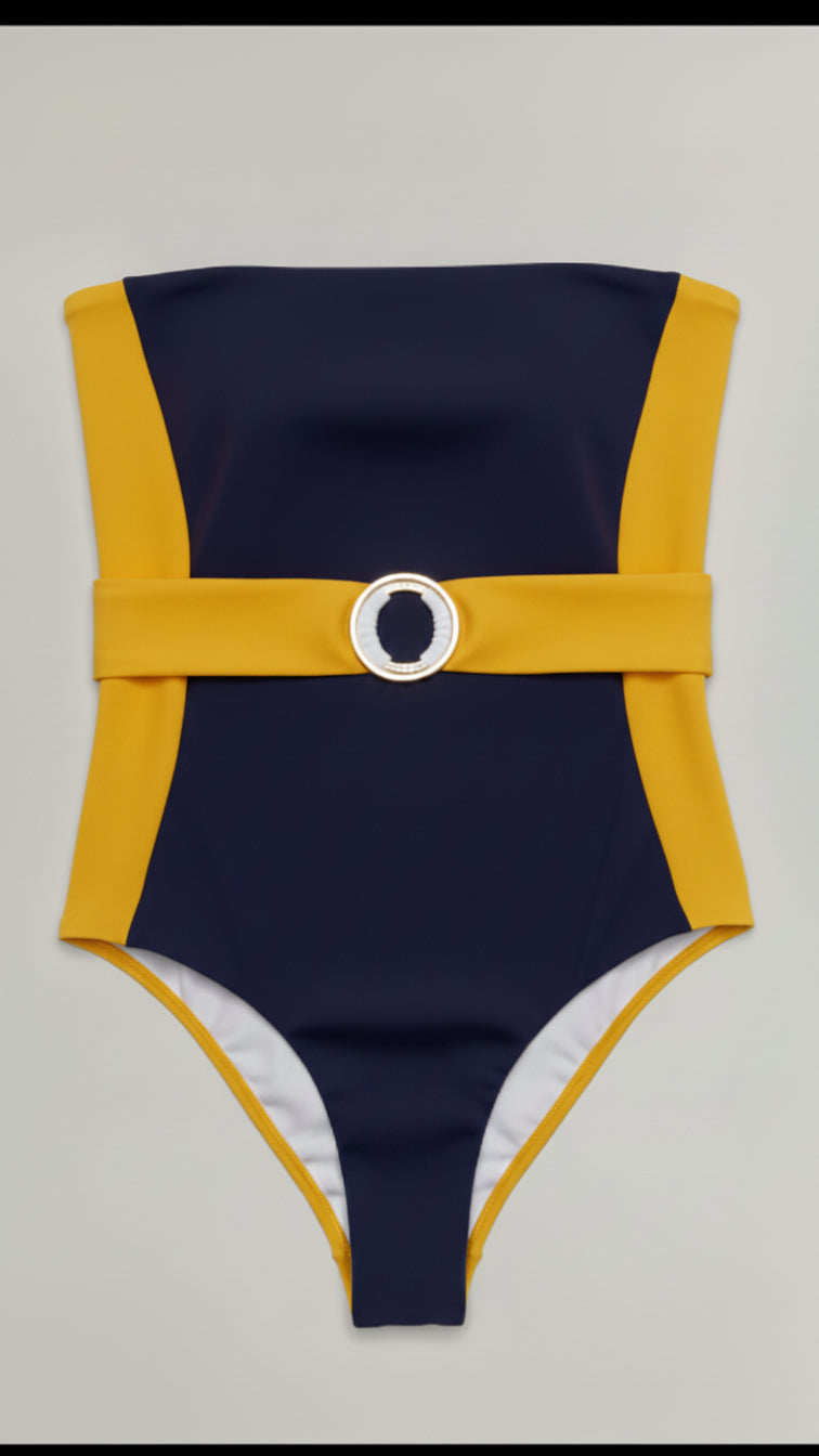 Bella Cintura two-piece bikini in navy with gold, front flatlay view – Bikini Uni