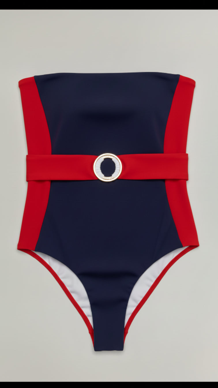 Bella Cintura two-piece bikini in navy with red, front flatlay view – Bikini Uni