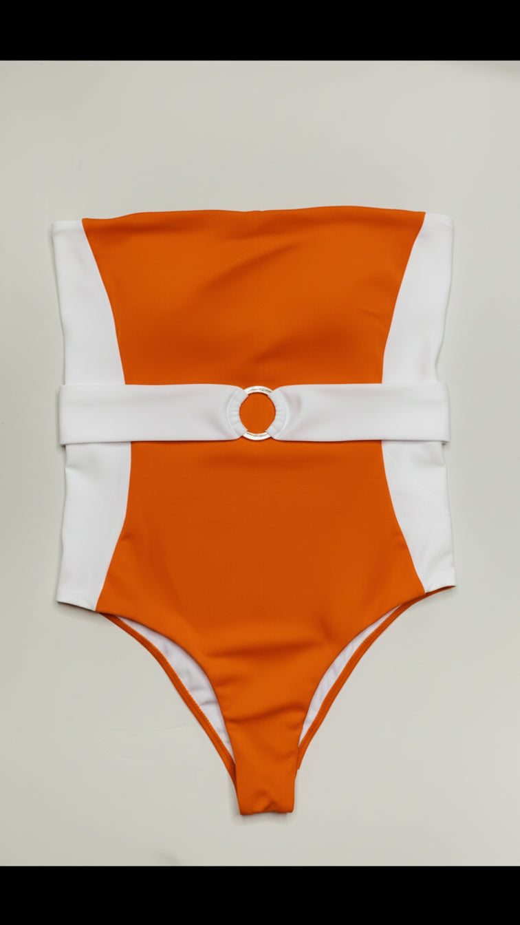 Bella Cintura two-piece bikini in orange with white, front flatlay view – Bikini Uni