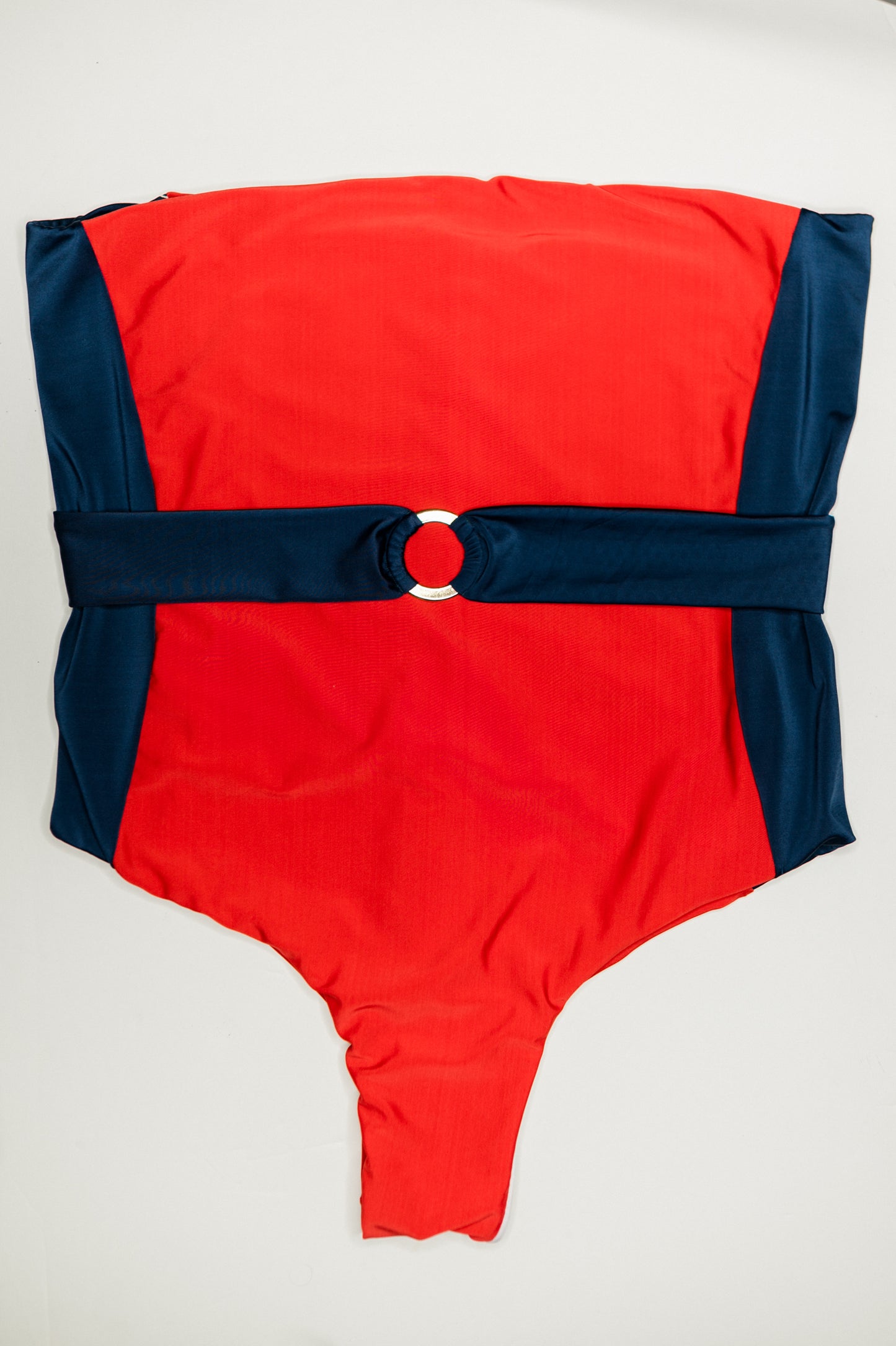 Bella Cintura two-piece bikini in red with navy, back flatlay view – Bikini Uni