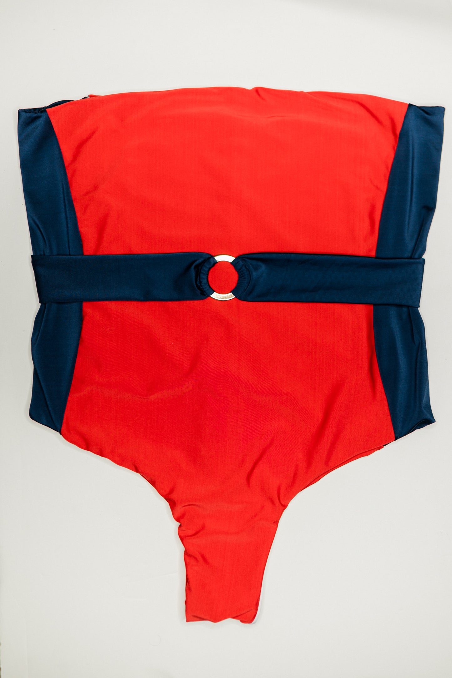 Bella Cintura two-piece bikini in red with navy, front flatlay view – Bikini Uni